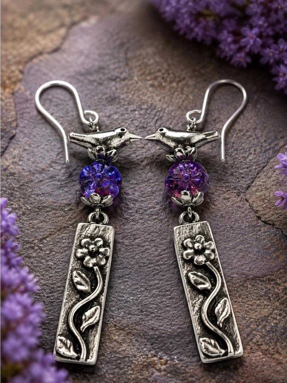 Silver Bird & Purple Czech Glass Flower Dangle Earrings, Artisan Handmade